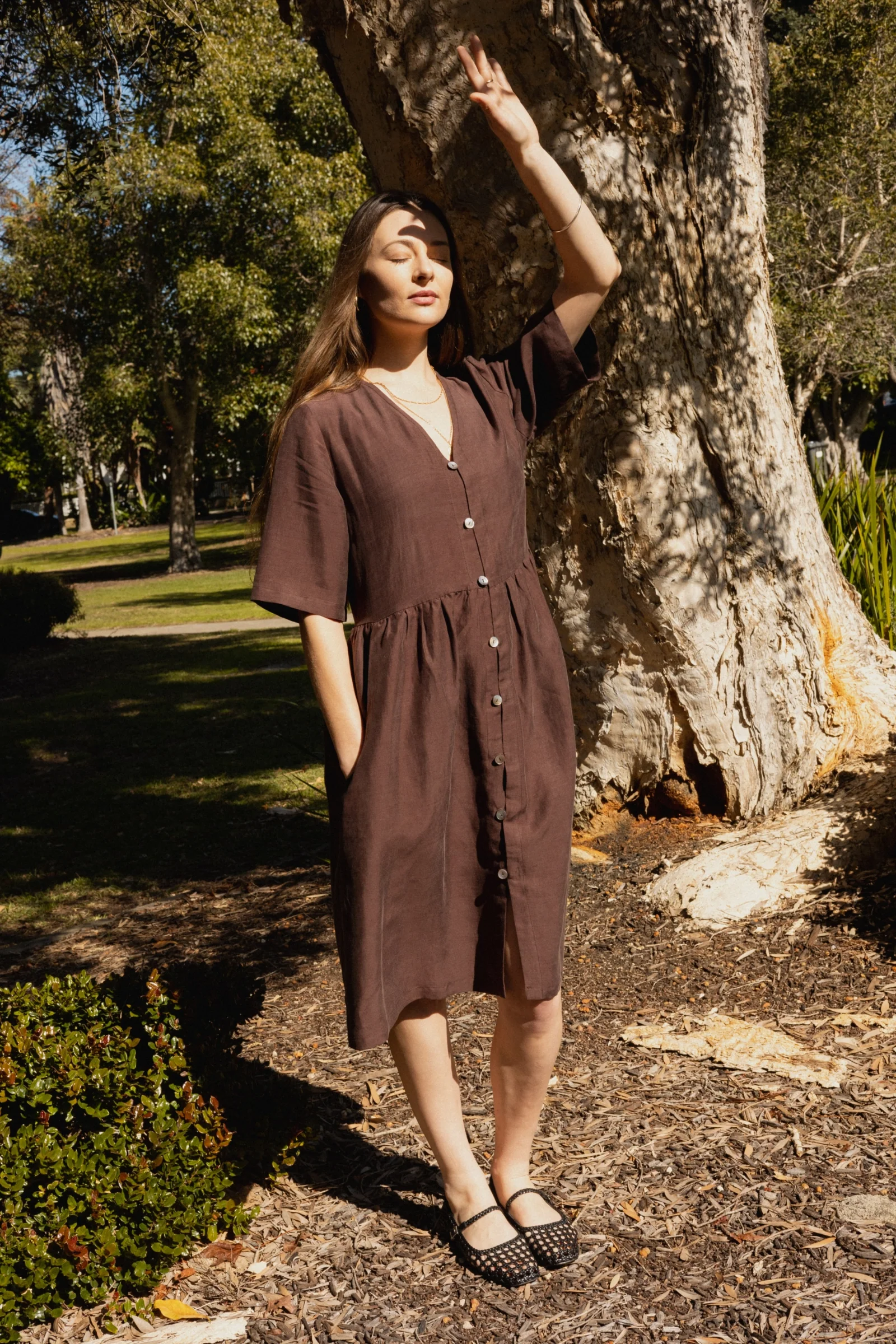 Button Front V Neck Dress | Cocoa