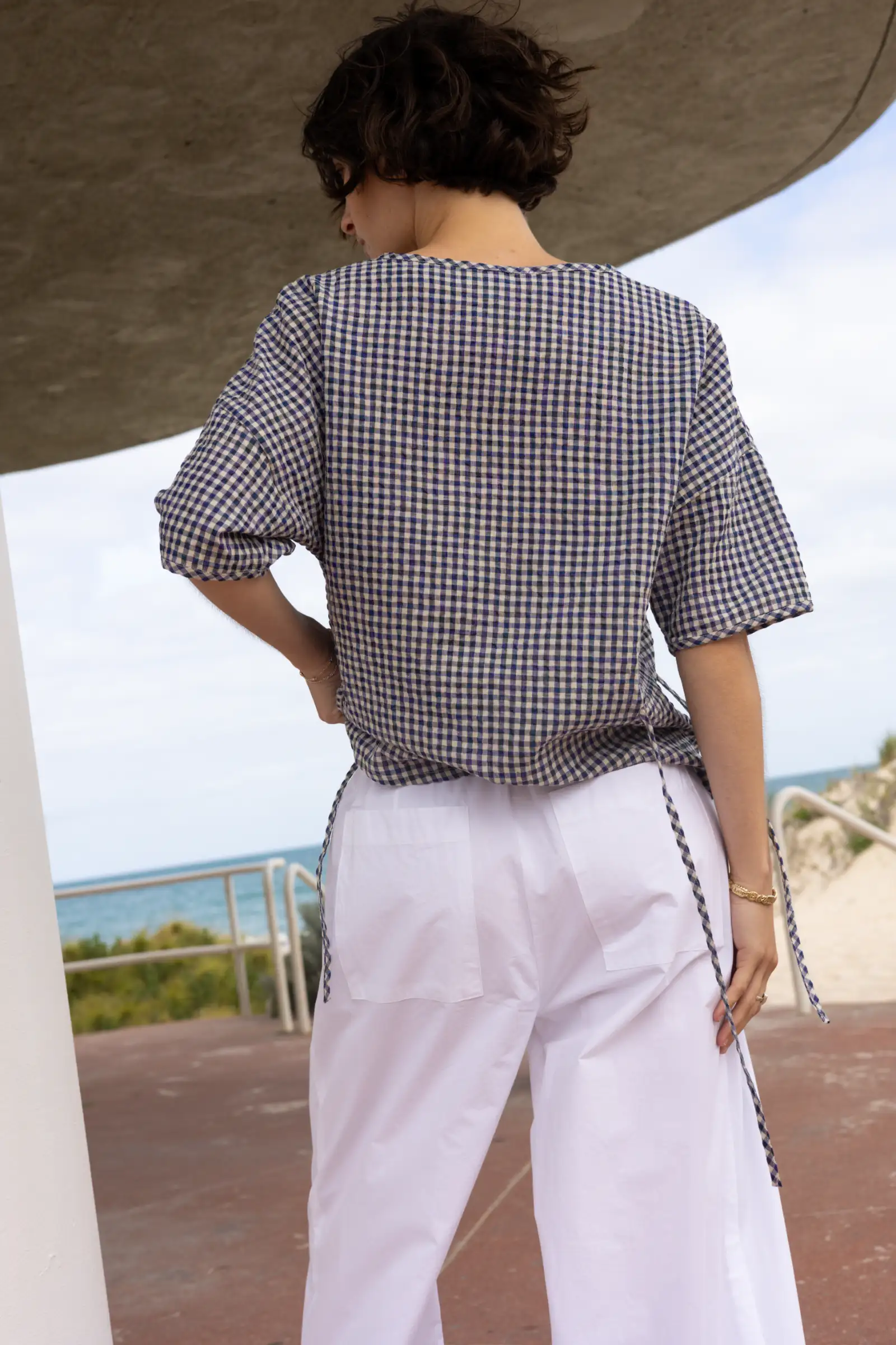 Gather Top with Ties | Royal Blue Gingham