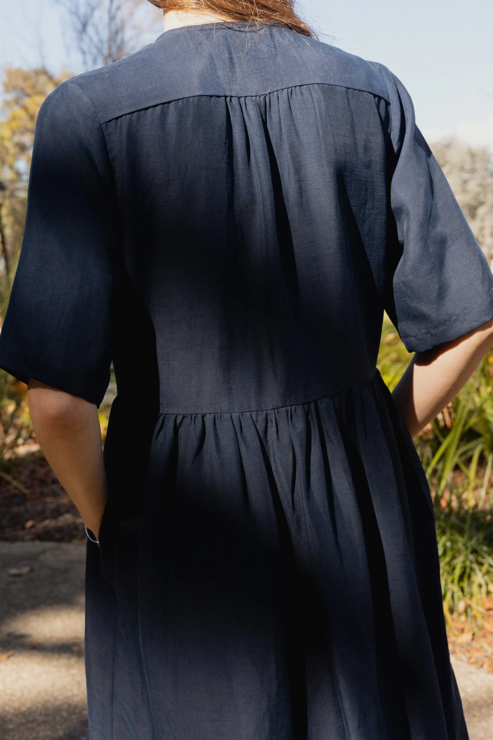 Button Front V Neck Dress | Navy