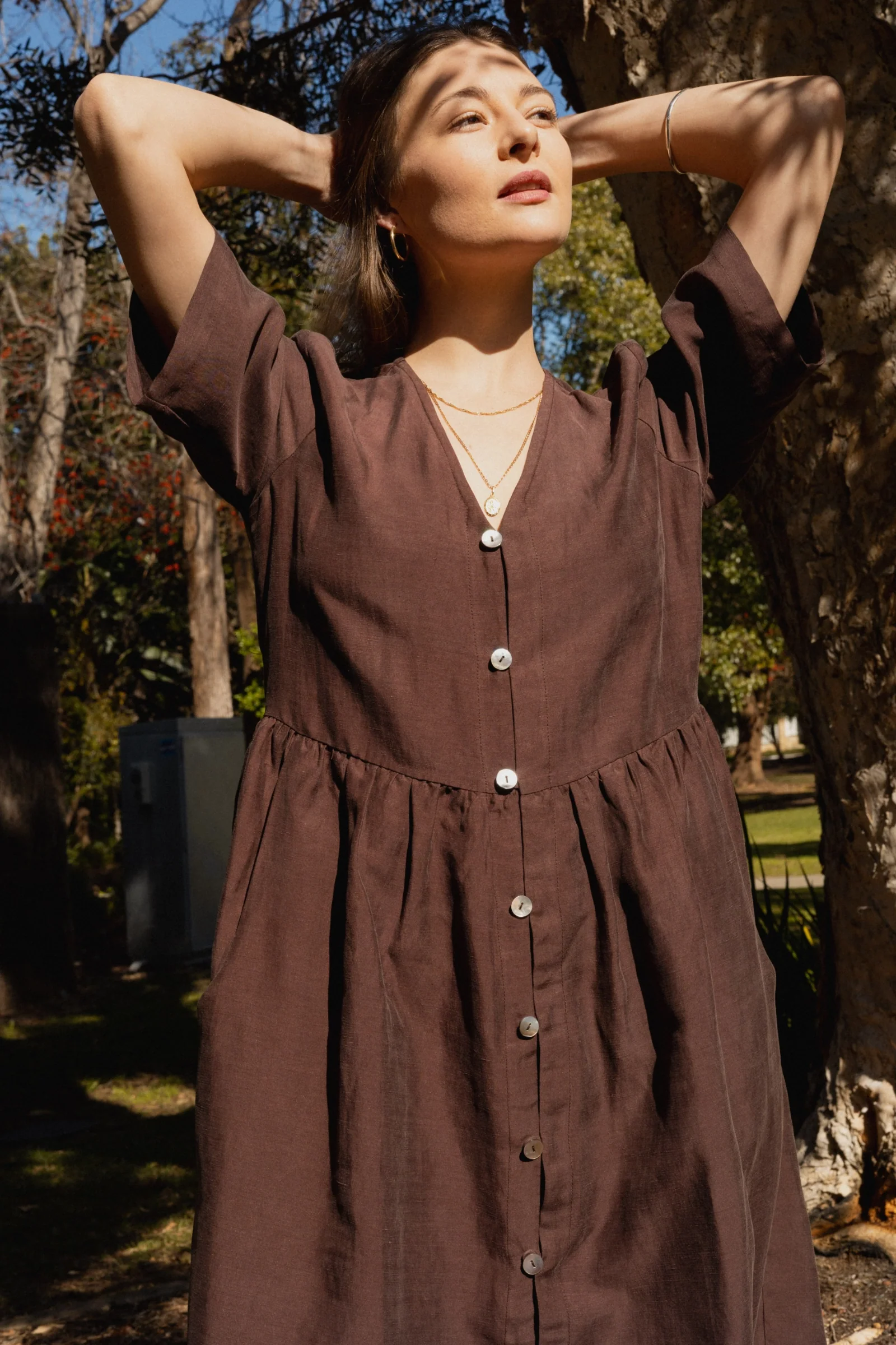 Button Front V Neck Dress | Cocoa