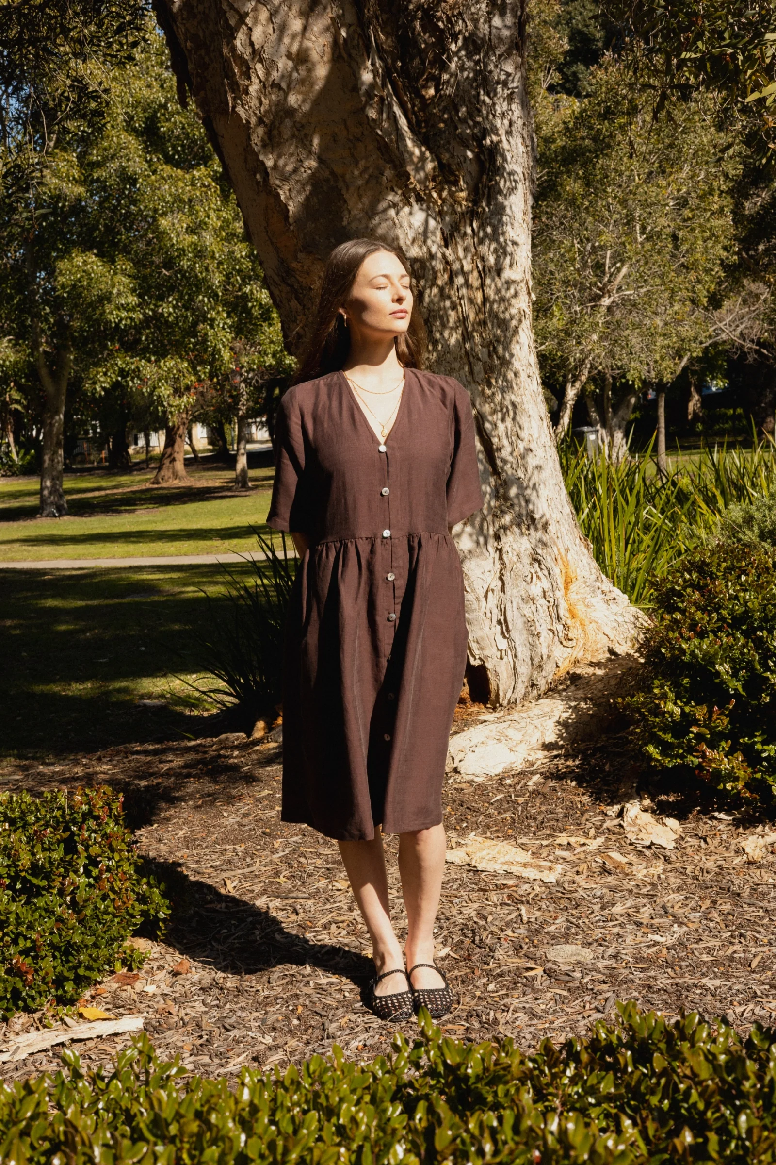 Button Front V Neck Dress | Cocoa