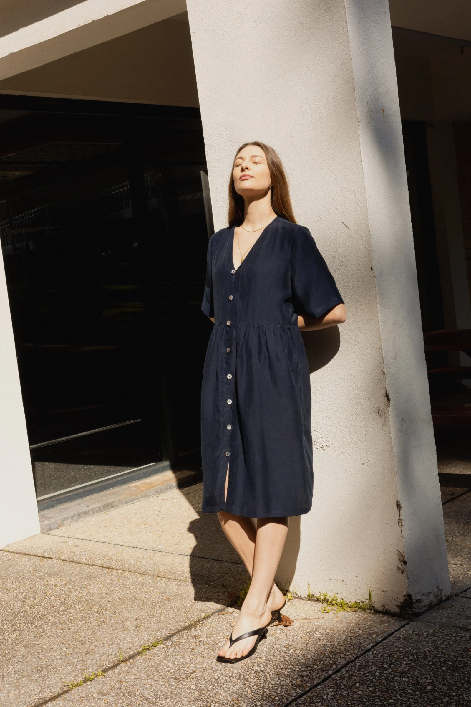 Button Front V Neck Dress | Navy