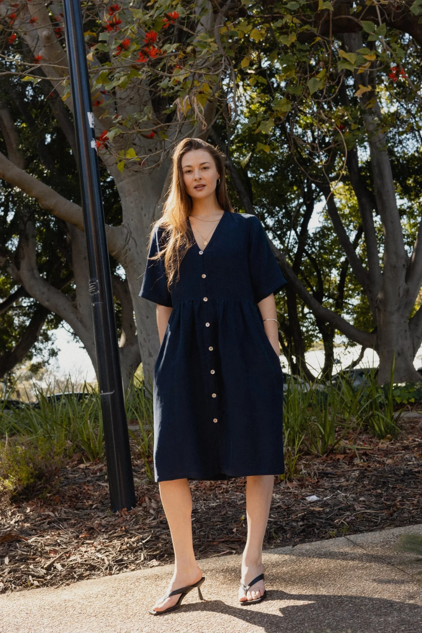 Button Front V Neck Dress | Navy