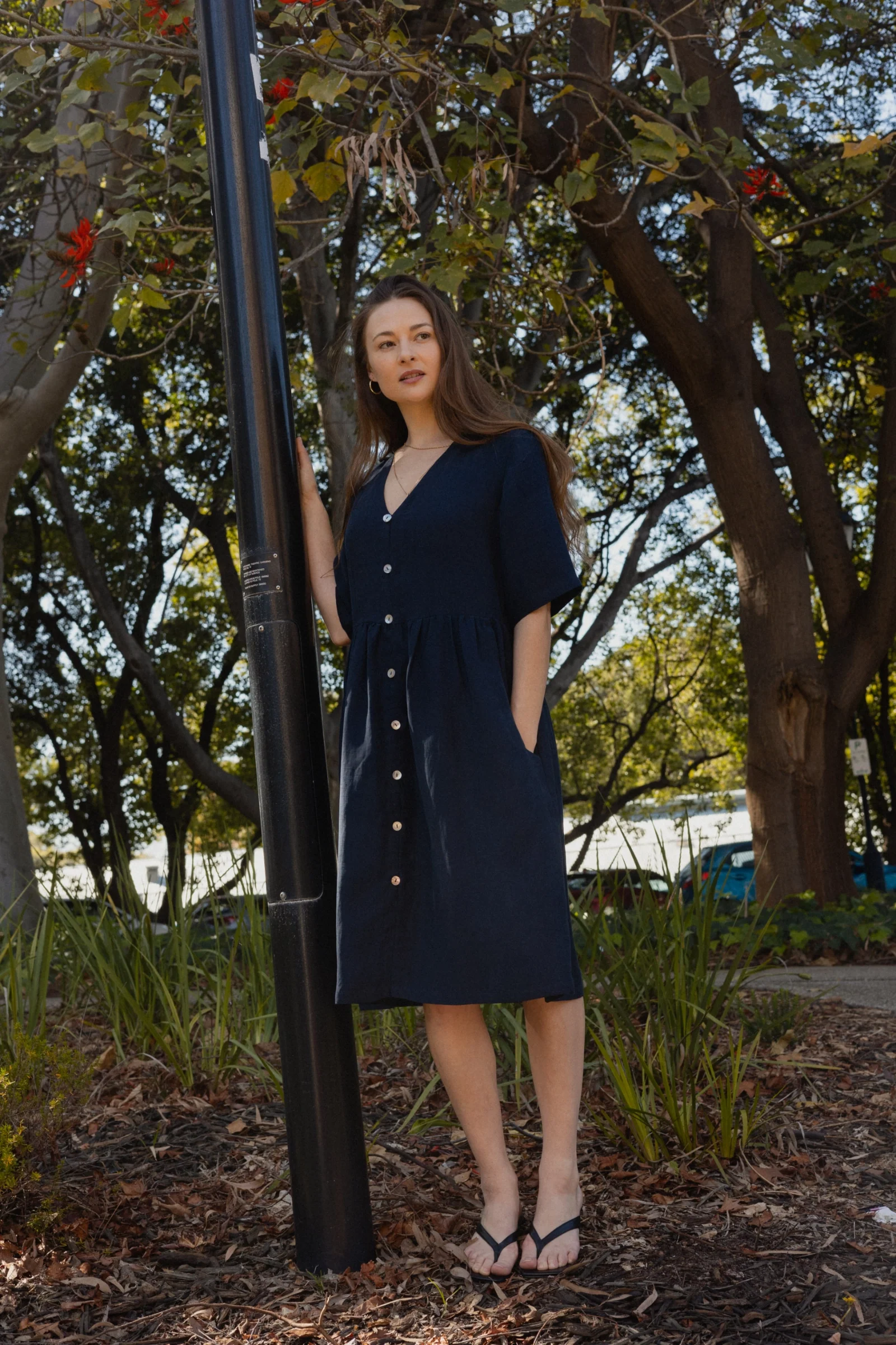 Button Front V Neck Dress | Navy