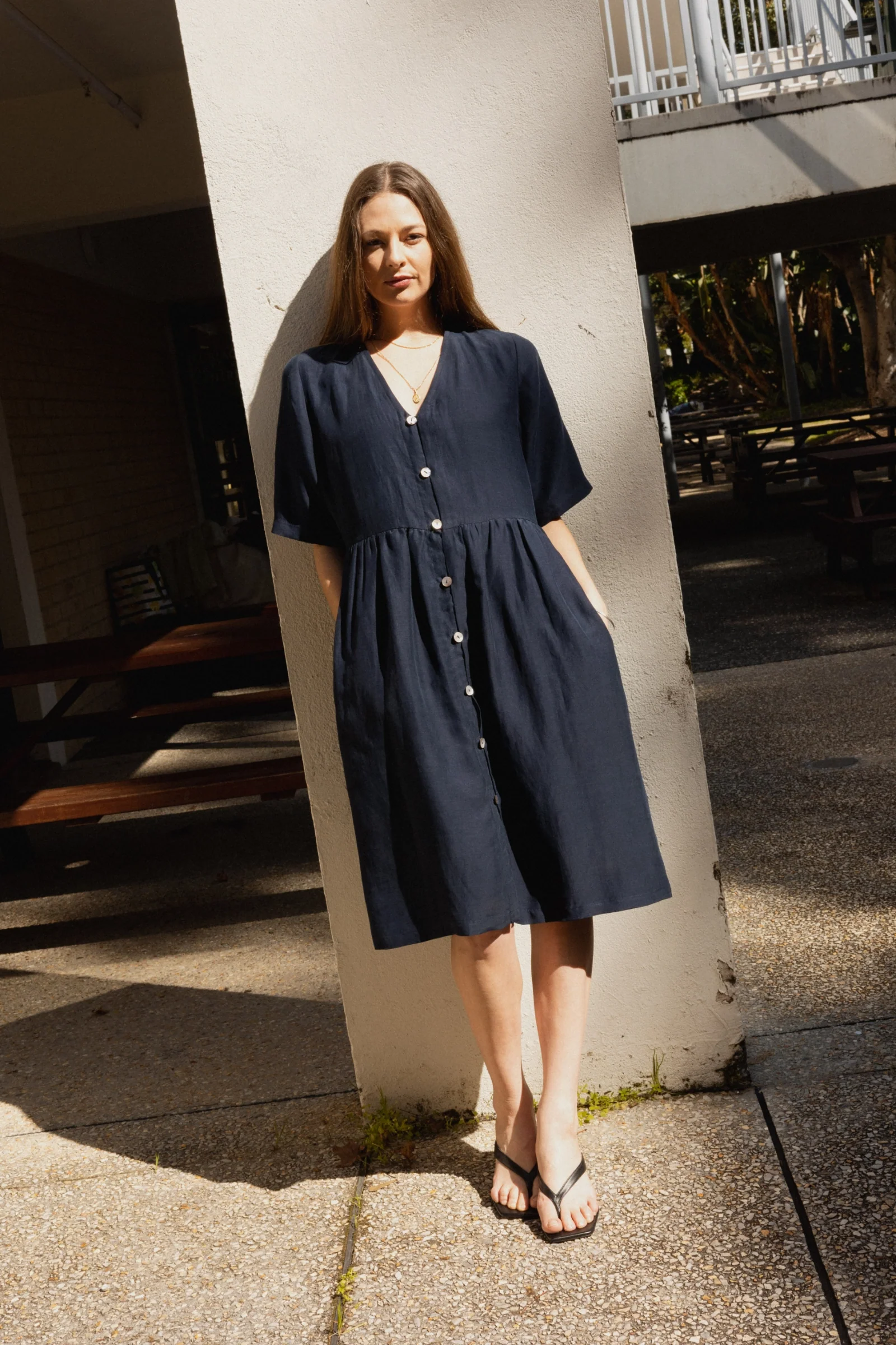 Button Front V Neck Dress | Navy